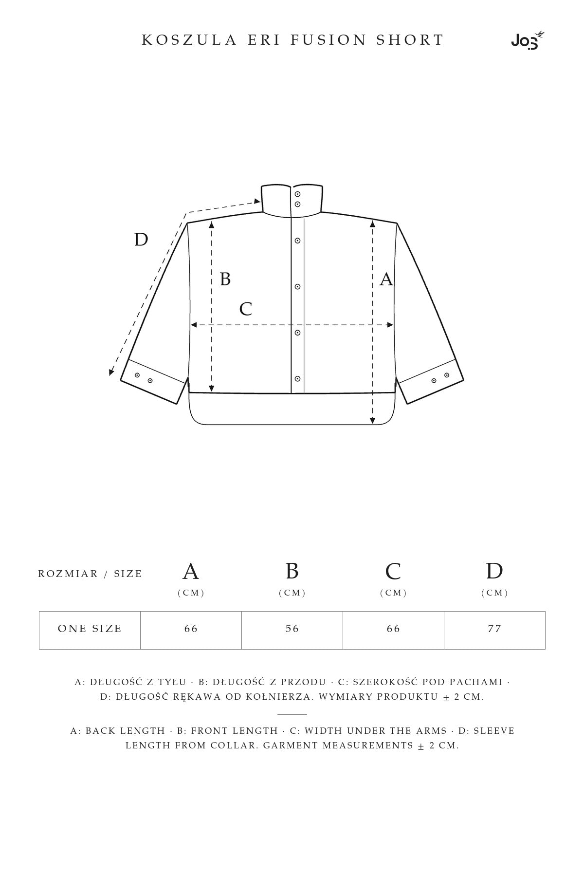 Tabela rozmiarów: Koszula Eri Fusion Hare Short, Jo.S